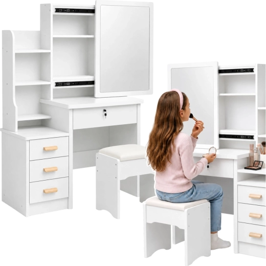 Cosmetische kaptafel met schuifspiegel, planken, lades en krukje wit 131 × 80 × 36 cm