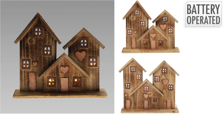 Houten leddecoratie met drie huisjes - 1 stuk