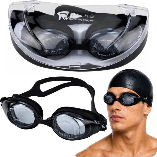 Zwembril met anti-fogcoating en UV-bescherming, zwart, met etui