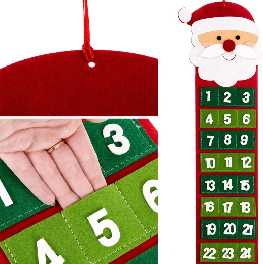 Hangende vilten adventskalender Santa Claus met 24 zakjes, 65 cm