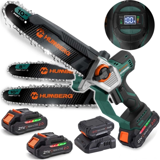 Humberg HM-437 accu mini kettingzaag met geleiderail 10" en 8" (2× 21 V 2,0 Ah)