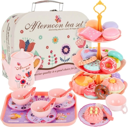 Kinder thee-servies in koffertje met taartjes en gebakjes