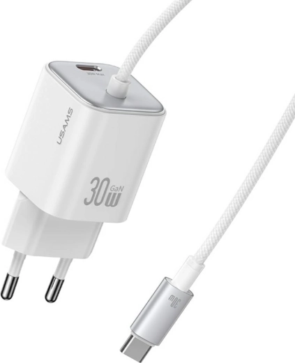 USAMS JC-serie CC264 30 W GaN snellader met geïntegreerde USB‑C-kabel (wit)