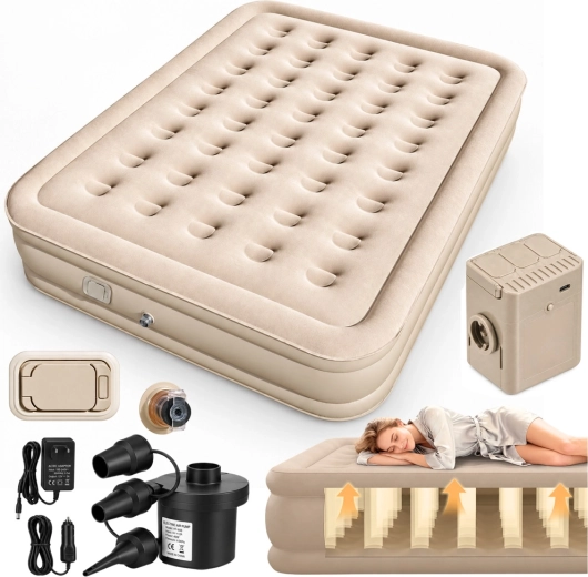 Opblaasbaar tweepersoonsluchtbed met elektrische pomp en beige kussen 198 × 152 cm