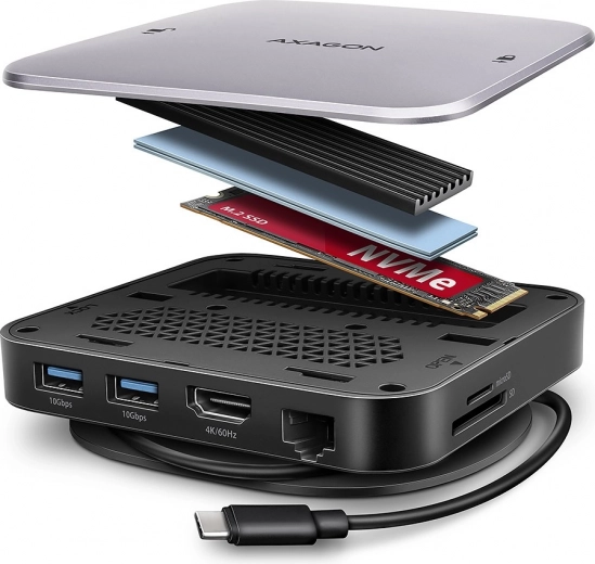 AXAGON multi‑poort USB‑C hub 9‑in‑1 met M.2 NVMe/SATA, HDMI 4K/60 Hz, PD 100 W, GLAN en kaartlezer