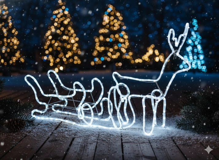 Kerstverlichting met LED-rendier en slee 120 × 27 × 66 cm – koelwit met koele knippering