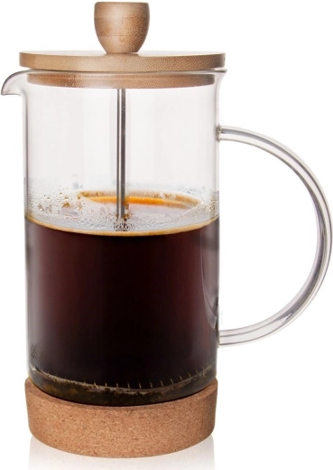 Glazen french press 1 l met bamboe deksel en kurken onderzetter