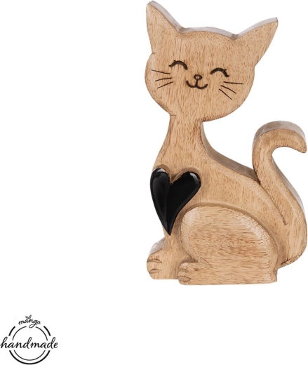 Houten decoratie van een kat van mangohout met hartje