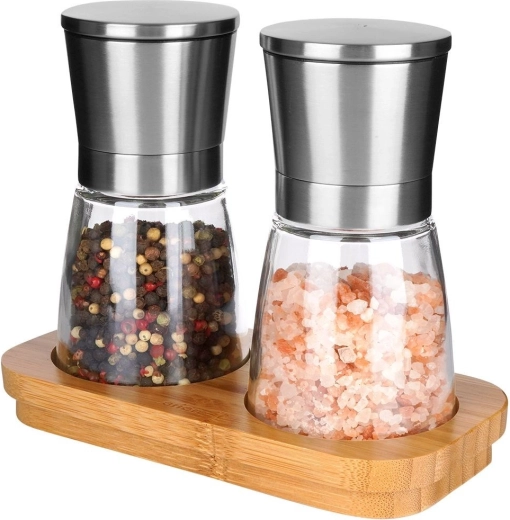 Zout- en pepermolens met bamboe houder 14,5 cm, 3-delige set