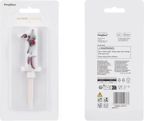 Witte verjaardagstaartkaars nummer 1 met marmerpatroon, 8 cm