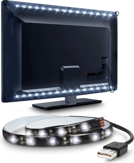 Solight LED-strip voor tv en pc, 100 cm, USB met schakelaar, koel wit