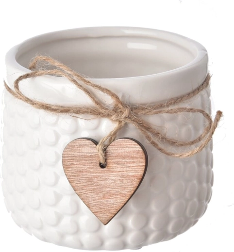 Witte keramische bloempot met houten element 9 × 9 × 11 cm