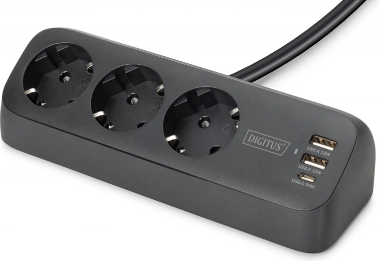 bureaustekdoos met overspanningsbeveiliging, 3 schuko-stopcontacten en usb-a/usb-c met klembevestiging voor op het blad, zwart