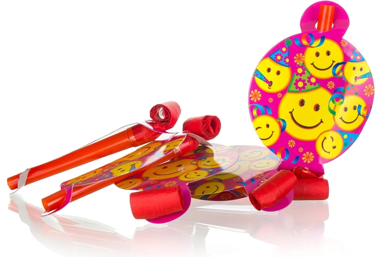 Feesttoeters met smileys en ballonnen, 6 stuks