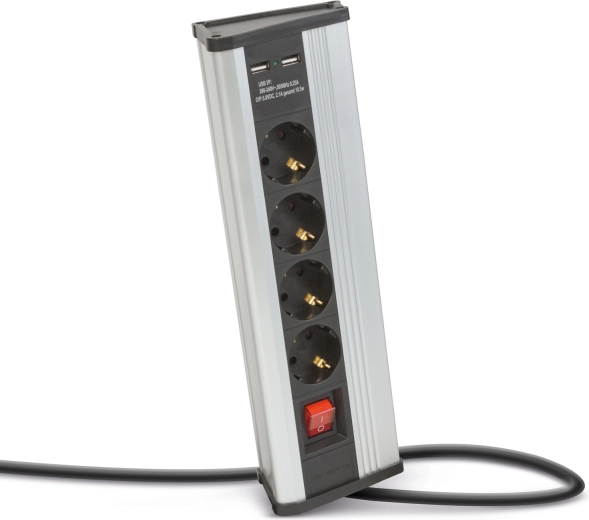 Hoekstekkerdoos met schakelaar, 4 stopcontacten en USB-poorten