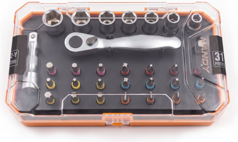 Set ratelsleutel, dopsleutels en bits, 31-delig, 6–12 mm
