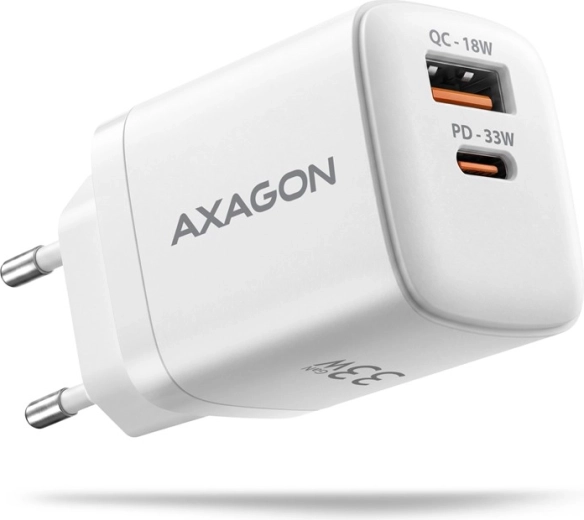 AXAGON GaN-netlader 33 W met twee poorten USB-C en USB-A, wit