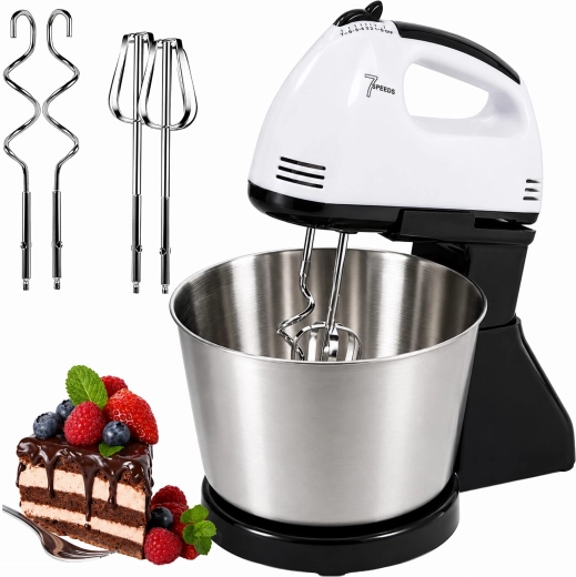 Keukenhandmixer met standaard en roestvrijstalen kom, 7 snelheden