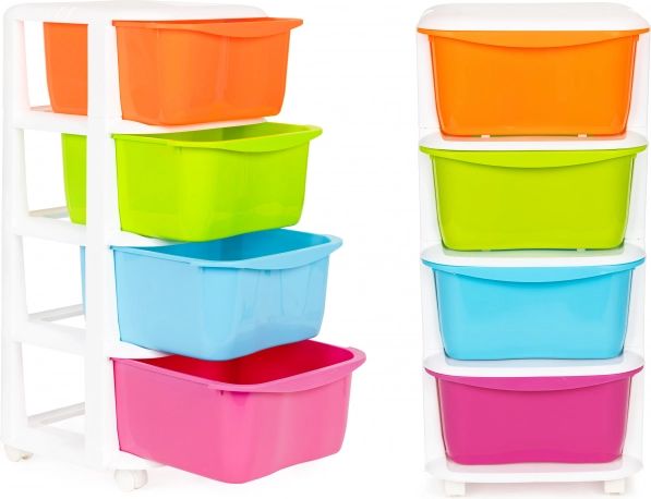 Kleurige plastic organizer met vier lades op wieltjes