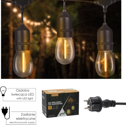 FILAME LED-tuinverlichting 20 m met 20 E27-lampen, warm wit