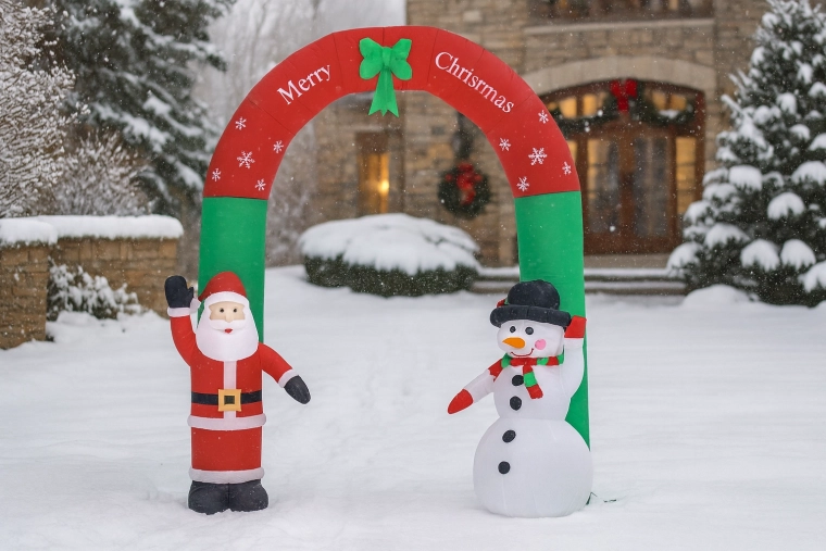 Opblaasbare kerstboog met Sint en sneeuwpop LED 240 cm
