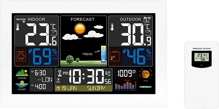 Solight weerstation met extra groot kleuren LCD-display, meting van temperatuur, luchtvochtigheid en luchtdruk, RCC en USB-opladen, wit