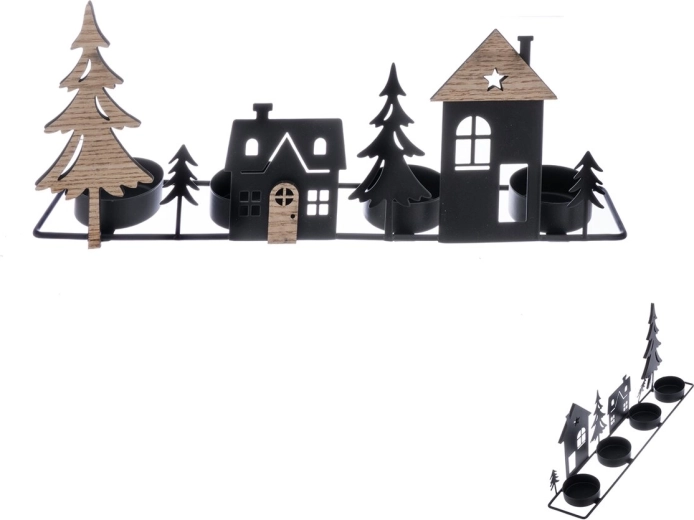 Adventskandelaar van hout en metaal, zwart, 28 × 5 × 12 cm