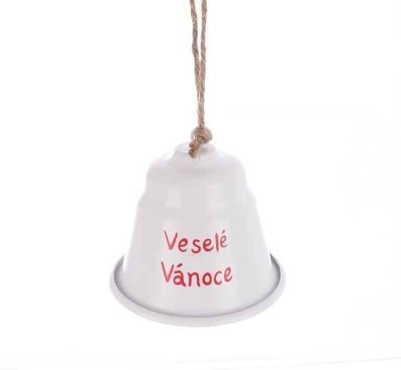 Metalen kerstbel "Vrolijk Kerstfeest" wit 7 cm