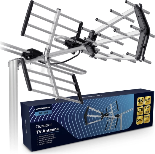 Buitengerichte richtantenne BERDSEN voor DVB-T/T2, 4K Ultra HD, VHF/UHF, LTE-filter, bereik 80 km