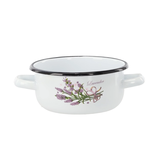 Geëmailleerde steelpan met twee handgrepen, 1,5 l, 16 cm, wit – lavendelmotief