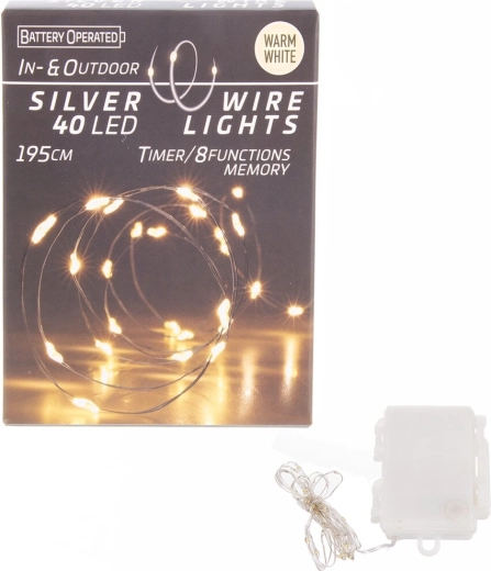 LED-lichtsnoer op dun draad met 40 LED’s warmgeel, met timer, voor binnen- en buitengebruik