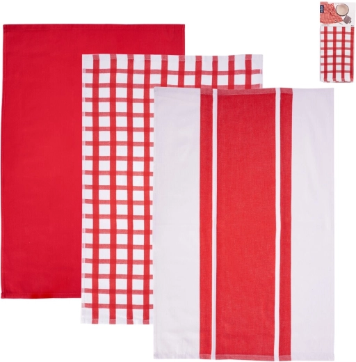 Set keukenhanddoeken in rood-wit design, 3 stuks