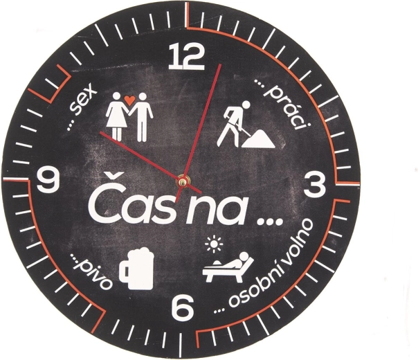 Wandklok van houtmateriaal met opschrift „Tijd voor…“, 34 cm