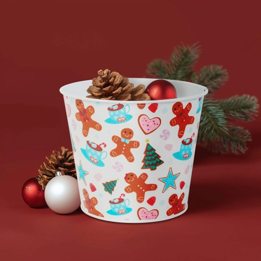Metalen kerstbloempotje met peperkoekmotief 13 × 11 cm