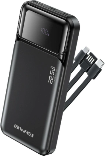 Awei powerbank 10000 mAh met ingebouwde kabels