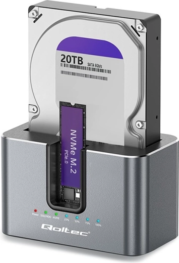 Qoltec dockingstation 2-in-1 voor HDD/SSD SATA en M.2 NVMe met klonen, USB-C 10 Gb/s
