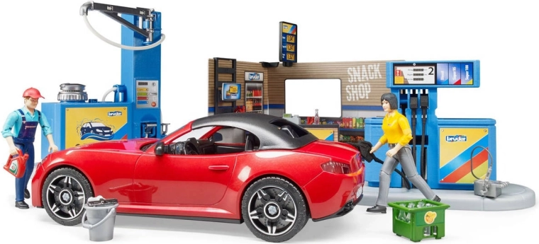 BRUDER Bworld tankstation met wasstraat, auto en figuren
