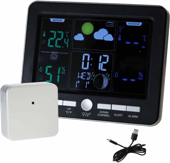 Weerstation met draadloze sensor, thermometer, hygrometer en wekker