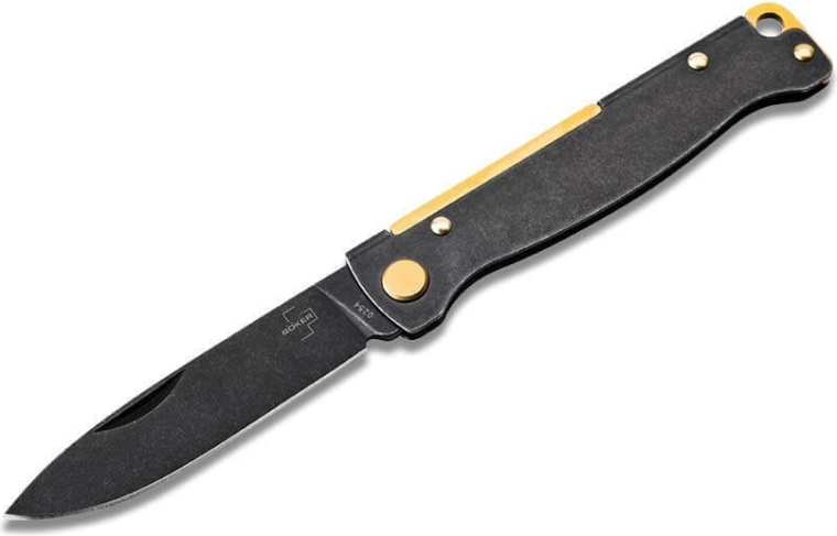 Böker Plus Atlas zakmes, 7,2 cm, zwart Blackwash-oppervlak, messing accenten