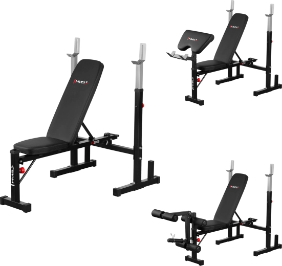 HMS LS2099 multifunctionele trainingsbank met haltersteunen, preacher curl-pad en beenextensie