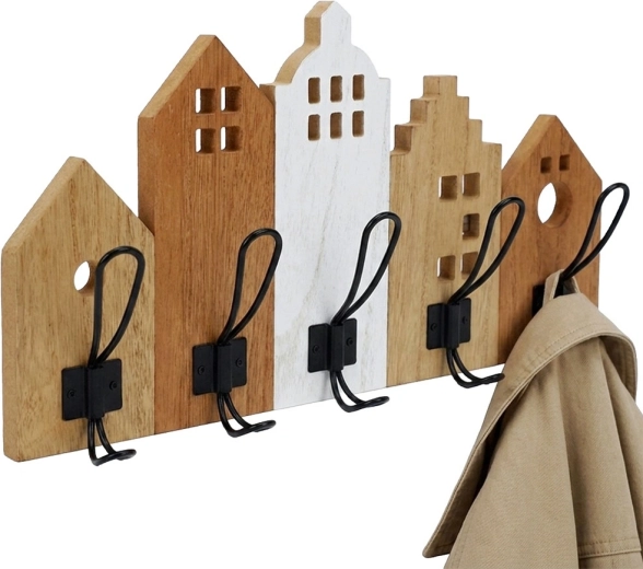 Wandkapstok met huisjesmotief Home Styling Collection 48 × 8 × 26 cm - 1 stuk