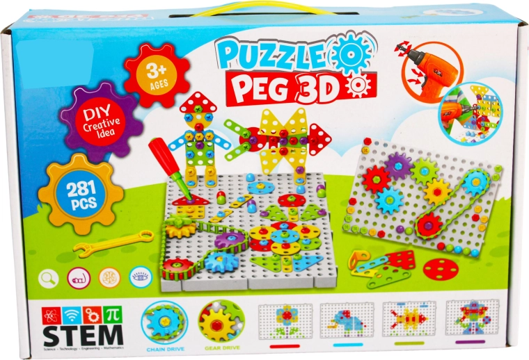 Creatieve 3D bouwset met kinderboormachine Puzzle Peg (281 onderdelen)