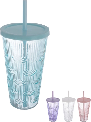 Glas met kunststof deksel en rietje 0,48 l – mix van kleuren