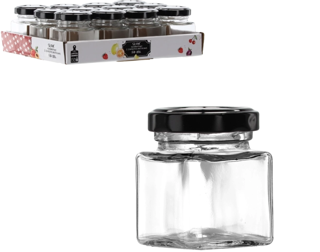 Vierkant glazen potje 50 ml met zwart metalen schroefdeksel - 1 stuk