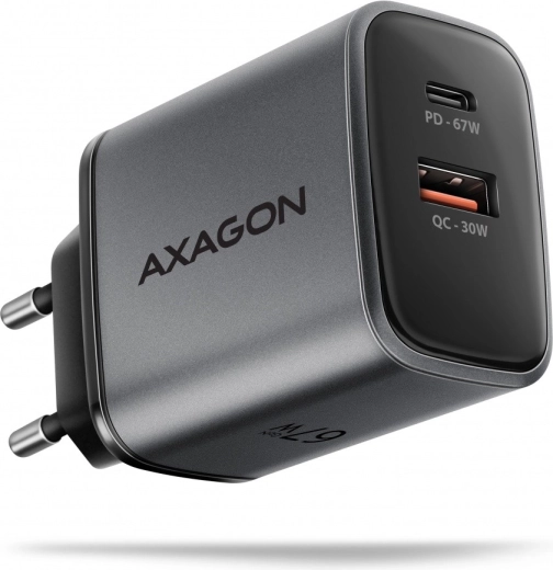 Netlader AXAGON GaN 67W met USB‑C Power Delivery en USB‑A Quick Charge, 2 poorten