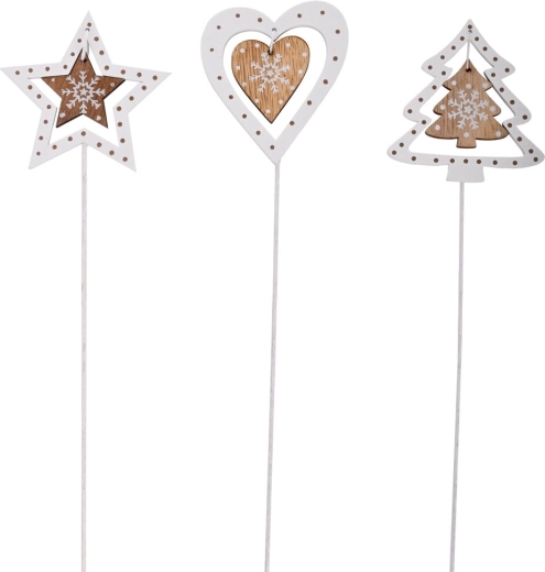 Kerst houten prikdecoratie wit/beige 8 cm (3 varianten)