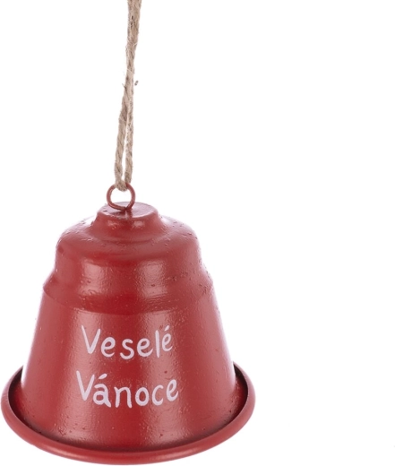 Metalen kerstbel met opschrift „Vrolijk Kerstfeest” rood 7 cm