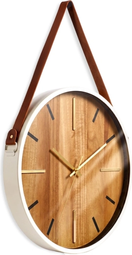 Wandklok met bruine ophangriem, 38 cm