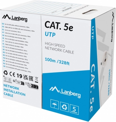 Lanberg LAN-kabel UTP Cat 5e 100 m CU massief, grijs, Fluke Passed
