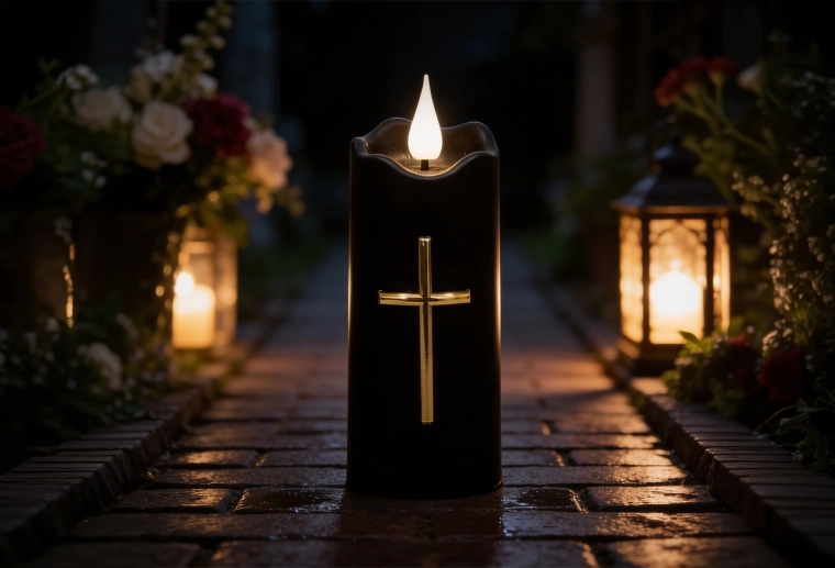 LED-kaars 5 × 13 cm zwart met gouden kruis